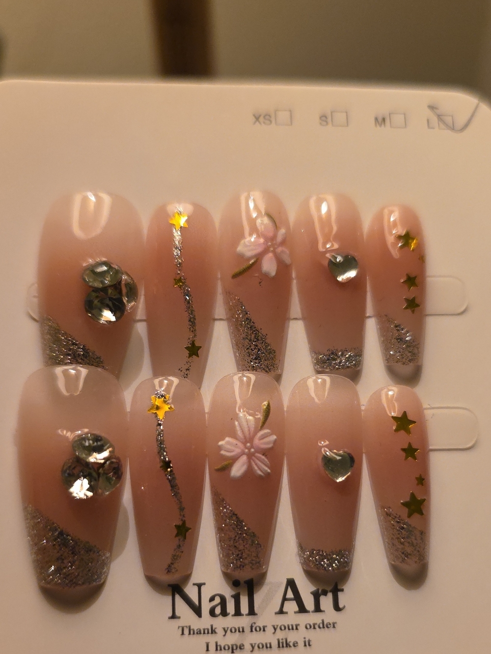 Nude Pink Floral & Silver Glitter Press-On Nail Set Size Large